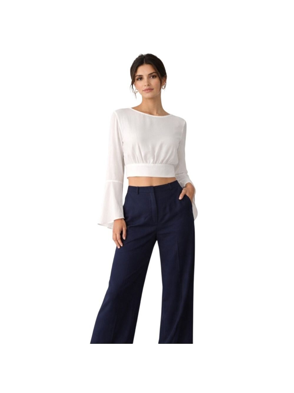Ambiance White Bell Sleeve Tie Back Crop Top Size Small